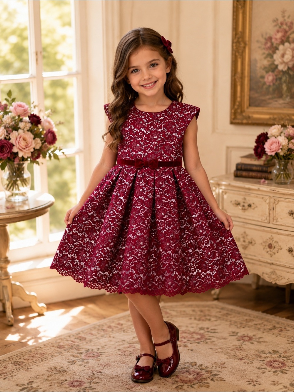 Jona Michelle Burgundy Lace Dress with Velvet Bow